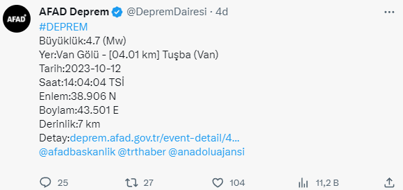 Son Dakika! Van'da 4.7 büyüklüğünde deprem