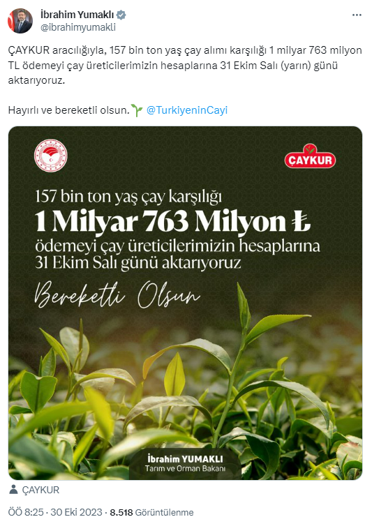 1.7 milyar liralık ödeme yarın çay üreticilerinin hesaplarında olacak