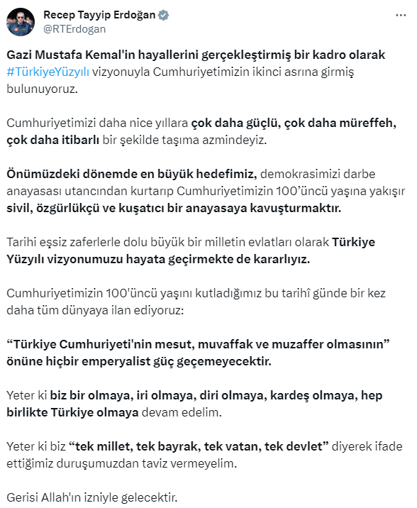 Cumhurbaşkanı Erdoğan'dan 2. asır paylaşımı: Önümüzdeki dönemin en büyük hedefi sivil anayasadır