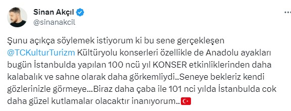 İstanbul'daki 100. yıl kutlamalarını beğenmeyen Sinan Akçıl'ın sözleri tepki çekti