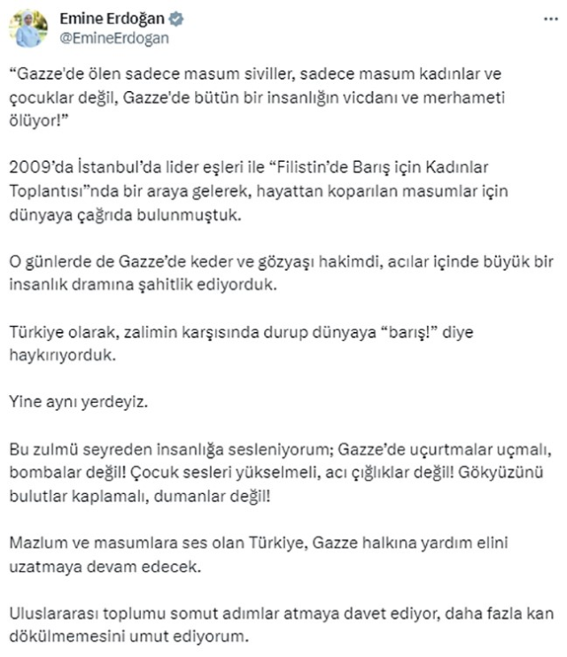 Emine Erdoğan'dan uluslararası topluma çağrı: Gazze'de çocuk sesleri yükselmeli, acı çığlıklar değil