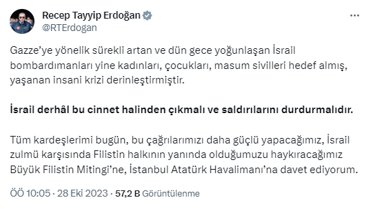 Son Dakika: Cumhurbaşkanı Erdoğan'dan Gazze'yi bombardımana tutan İsrail'e tepki: Derhal bu cinnet halinden çıkın