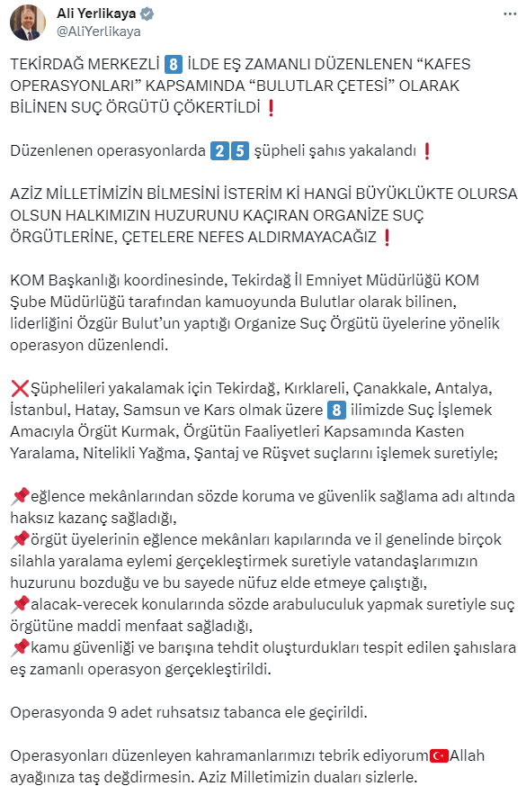 Son Dakika! 8 ilde eş zamanlı düzenlenen operasyonla Bulut Çetesi çökertildi, 25 şüpheli yakalandı