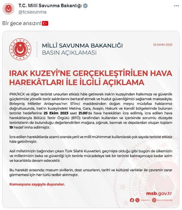 Son Dakika: Irak'ın kuzeyine hava harekatı! Terör örgütüne ait 19 hedef imha edildi