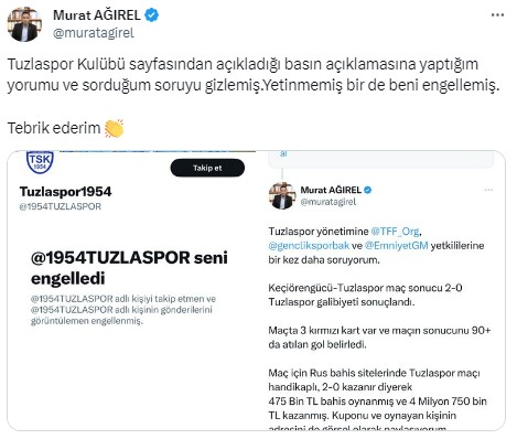 Türk futbolu kara para aklama ve yasa dışı bahis iddiasıyla çalkalanıyor! Tuzlaspor'dan Murat Ağırel'e karşı hamle geldi