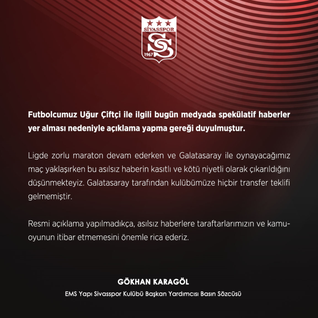 Sivasspor, Galatasaray'a transfer olacağı konuşulan Uğur Çiftçi iddialarını yalandı