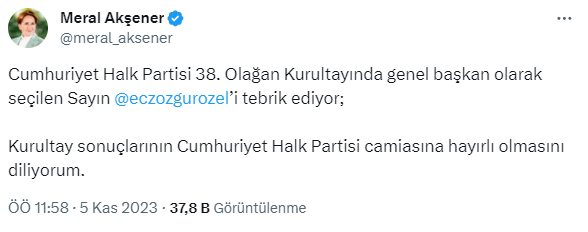 İYİ Parti lideri Akşener ve Ali Babacan, CHP Genel Başkanı Özgür Özel'i tebrik etti