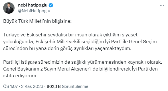 Son Dakika: İYİ Parti'den istifa eden Eskişehir Milletvekili Nebi Hatipoğlu, AK Parti'ye katıldı