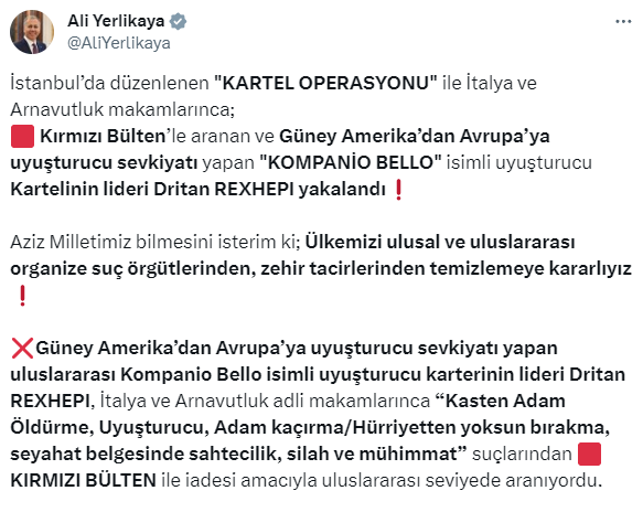 Kırmızı bültenle aranan dünyaca ünlü uyuşturucu kartelinin lideri Dritan Rexhepi, İstanbul'da yakalandı