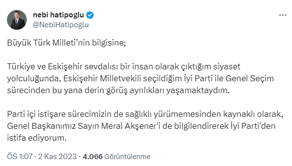 İYİ Parti Eskişehir Milletvekili İdris Nebi Hatipoğlu görevinden istifa etti