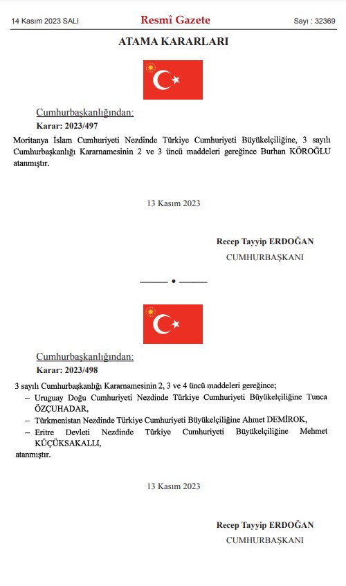 4 ülkeye büyükelçi ataması Resmi Gazete'de