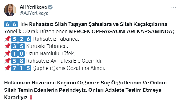 İçişleri'den Mercek Operasyonu! 66 ilde silah kaçakçılığı yapan 715 kişi gözaltına alındı