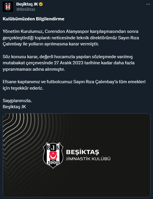 Beşiktaş, Rıza Çalımbay ile yollarını ayırdı