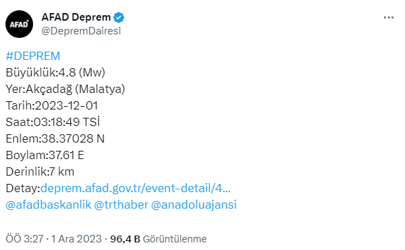 Malatya'da 4.8 büyüklüğünde deprem