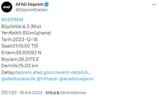 Gümüşhane'nin Kelkit ilçesinde 4,1 büyüklüğünde deprem