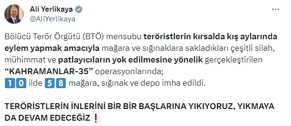 Terör örgütüne büyük darbe! 10 ilde 58 mağara, sığınak ve depo yok edildi