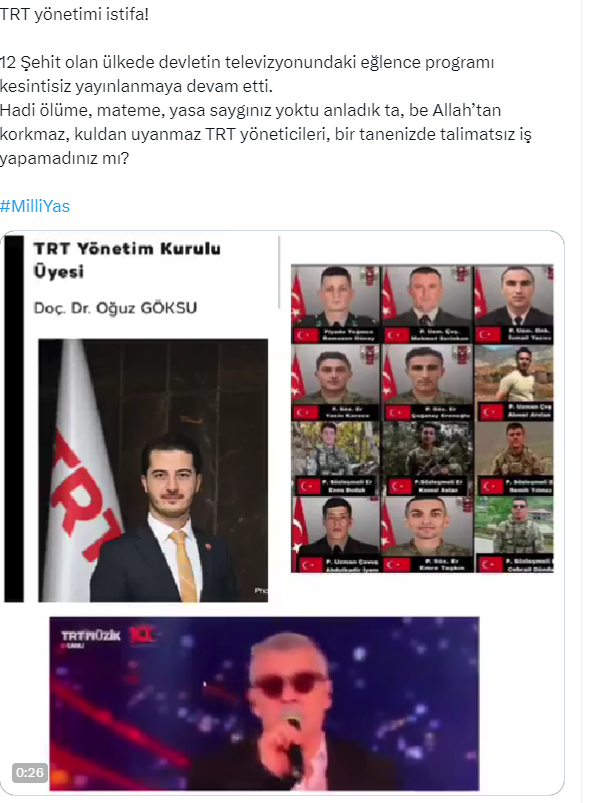 12 şehidimizin olduğu gün şarkılı, türkülü eğlence programına devam eden TRT'ye tepkiler çığ gibi