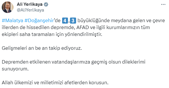 Malatya'da 4.3 büyüklüğünde deprem! Çevre illerden de hissedildi