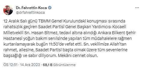 Meclis kürsüsünde kalp krizi geçiren Saadet Partisi Milletvekili Hasan Bitmez hayatını kaybetti