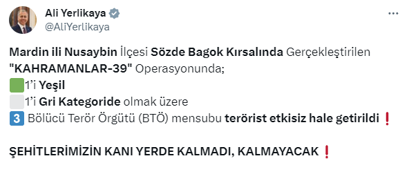 Mardin'de 1'i yeşil, 1'i gri kategoride olmak üzere 3 terörist etkisiz hale getirildi