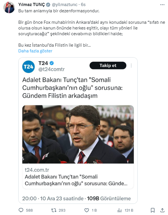 Adalet Bakanı Tunç: 'Somali Cumhurbaşkanı'nın oğlu' sorusu dezenformasyondur