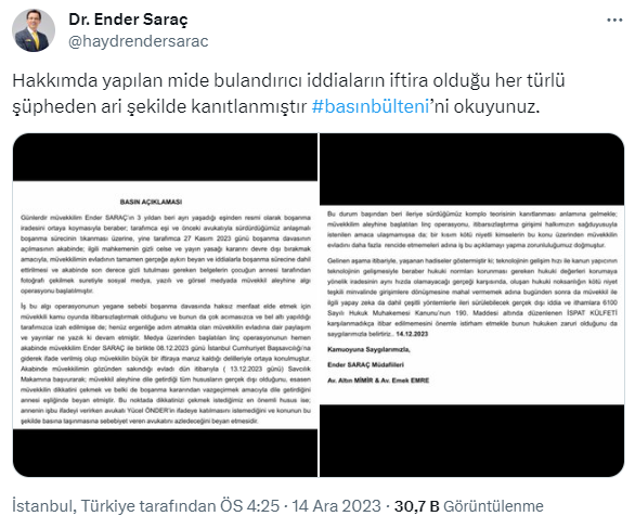 Oğlunu istismar ettiği iddia edilen Ender Saraç cephesinden yeni açıklama: Evladım tüm hususların gerçek dışı olduğunu savcılığa bildirdi