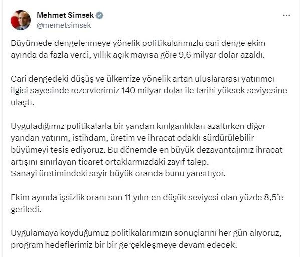 Bakan Şimşek: Uyguladığımız politikaların sonuçlarını alıyoruz