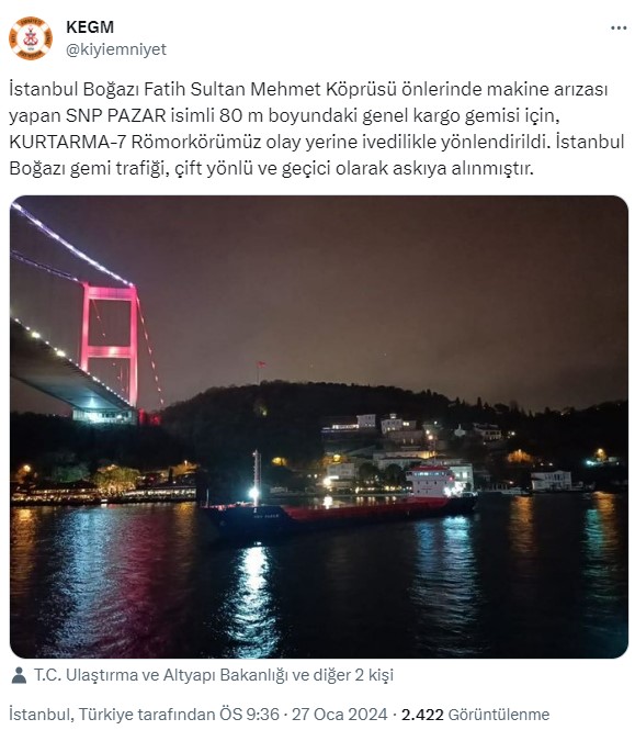 İstanbul Boğazı'nda gemi trafiği geçici olarak askıya alındı