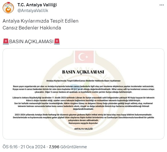 Antalya sahillerinde 5 günde 6 ceset bulunmasıyla ilgili Valilik'ten açıklama geldi