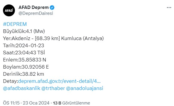 Antalya'da 4,1 büyüklüğünde deprem meydana geldi