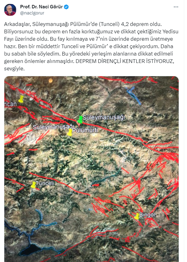 Naci Görür'den Tunceli'deki 4,2'lik sarsıntının ardından korkutan uyarı: Bu fay 7'nin üzerinde deprem üretmeye hazır