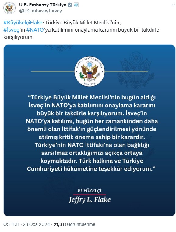 İsveç'in NATO üyeliğinin TBMM'de kabul edilmesiyle ilgili ABD Büyükelçisi Flake'ten açıklama