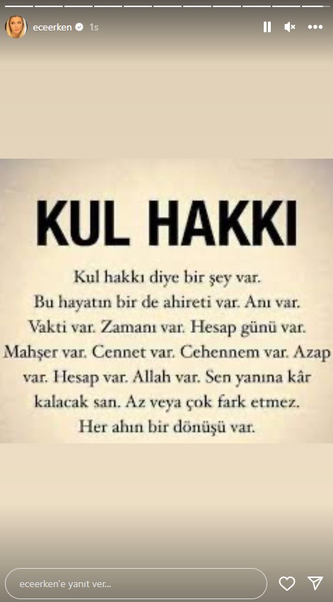 Kararın açıklanmasının ardından Ece Erken'den dikkat çeken paylaşımlar: Kul hakkı diye bir şey var