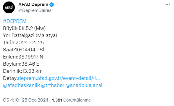 Malatya'da 5.2 büyüklüğünde deprem! Çevre illerden de hissedildi