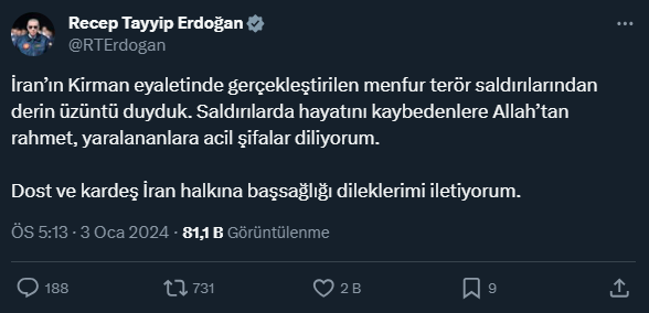 Cumhurbaşkanı Erdoğan'dan, İran'daki terör saldırılarına ilişkin başsağlığı mesajı