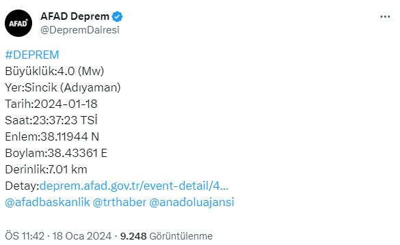 Adıyaman'da 4 büyüklüğünde deprem