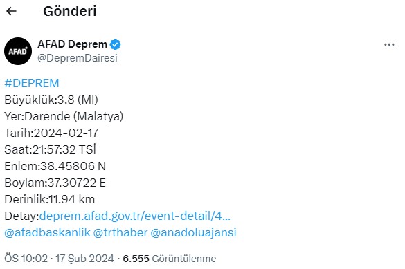 Malatya'da 3,8 büyüklüğünde deprem