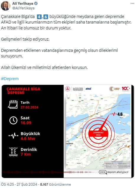 Çanakkale'de 4.6 büyüklüğünde deprem meydana geldi