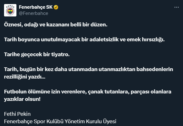 Fenerbahçe'den Galatasaray maçı sonrası zehir zemberek paylaşım: Tarihe geçecek bir tiyatro