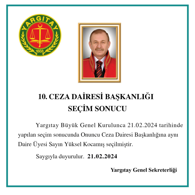 Yargıtay 10. Ceza Dairesi Başkanlığına Yüksel Kocamış seçildi