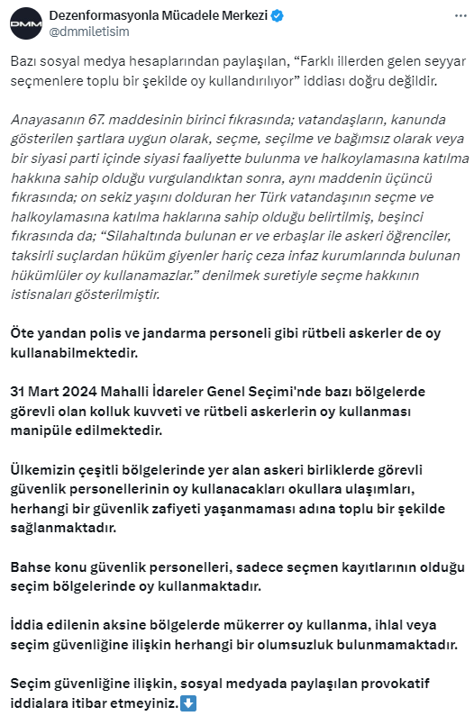 İletişim Başkanlığı: Farklı illerden gelen seyyar seçmenlere toplu bir şekilde oy kullandırılıyor iddiası doğru değil