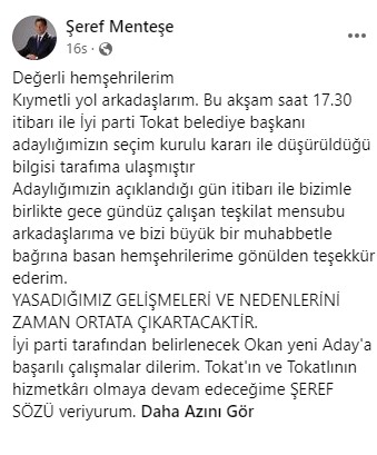 Seçim Kurulu, İYİ Parti Tokat Belediye Başkan Adayının adaylığını düşürdü