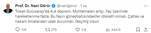 Prof. Dr. Naci Görür'den Tokat depremi sonrası dikkat çeken uyarı