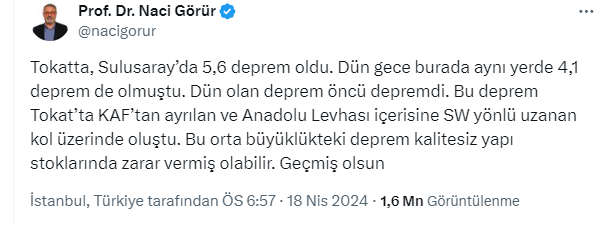 Prof. Dr. Naci Görür'den Tokat depremi sonrası dikkat çeken uyarı