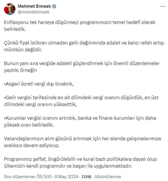 Şimşek: Enflasyonu tek haneye düşürmek temel hedef, programımız hedefe ulaştığında vatandaşımızın refahı artacak