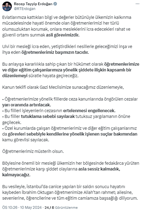 Cumhurbaşkanı Erdoğan: Öğretmenlerimize yönelik şiddete ilişkin kapsamlı bir düzenlemeyi süratle hayata geçireceğiz