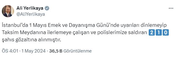 İstanbul'da 1 Mayıs nedeniyle çıkan olaylarda 210 kişi gözaltına alındı